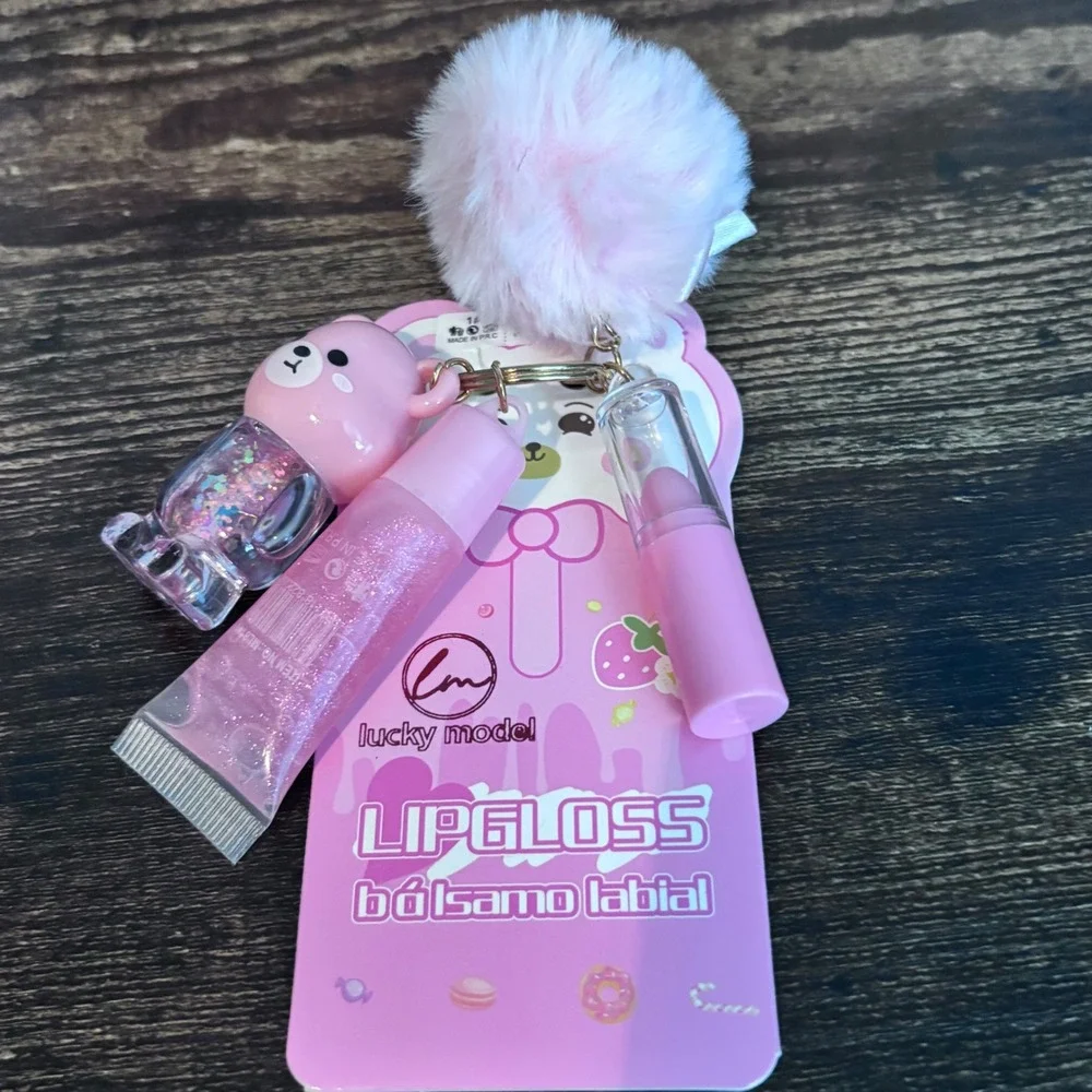 Pink Bear Lip Gloss Balm Set Pom Pom Keychain Y2K Kawaii Glitter Accessory